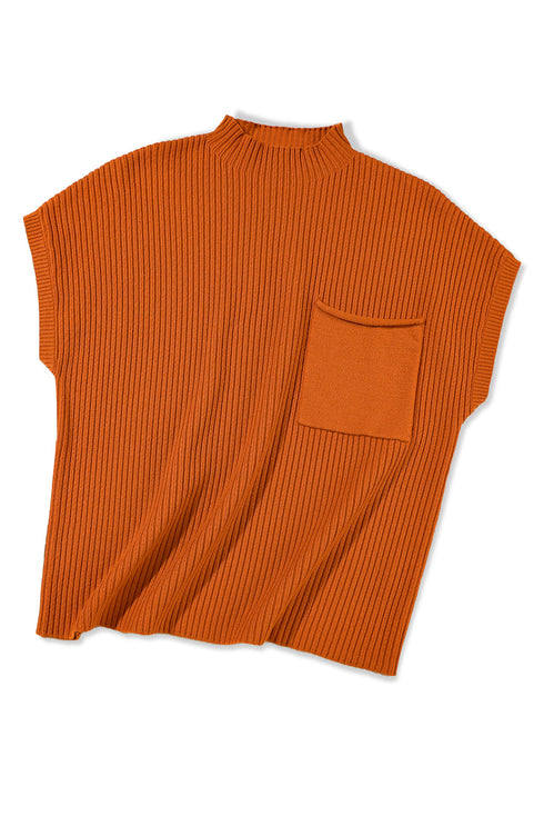 Ribbed Mock Neck Patch Pocket Drop Shoulder Short Sleeve Sweater